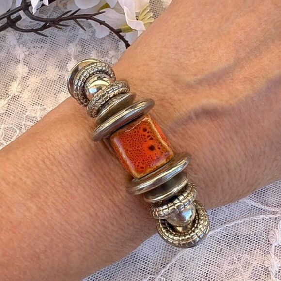 Coil Wrapped Silver Bracelet with Bold Orange Ceramic Pottery Bead Accent - Picture 9 of 9